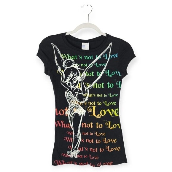 Y2k Disney Fairy Tinker Bell Black Rainbow Graphic Tee - Picture 1 of 4